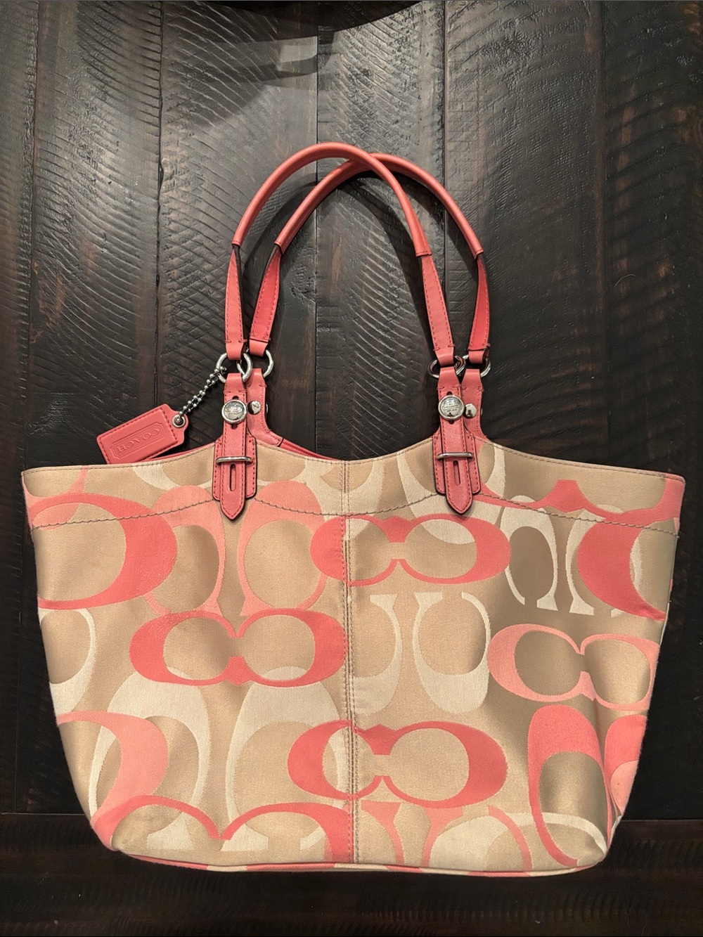 Coach style 16911 Sateen Jacquard Carly Tote in Coral and Khaki